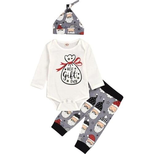 Newborn Kid Baby Boy Girl Clothes Set Letter Print Long Sleeve Romper+Pant+Hat 3Pcs Christmas Xmas Clothing Set