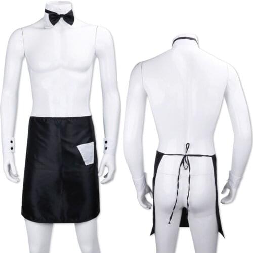 Sexy Men Gay Fantasy Cosplay Costume Backless Bow Tie Collar Cuffs Aprons Stripper Set Butler Waiter Dress Up Valentines Outfit