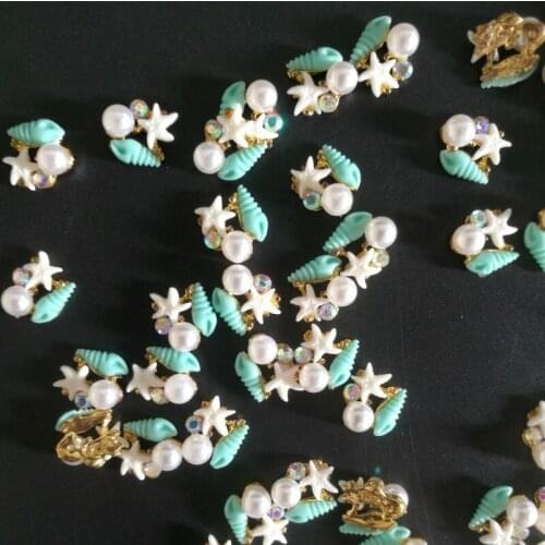 10Pcs Blue Starfish/Conch Rhinestones/Pearls Mini Nail Charms Gold Plated Alloy Nail Art Decorations 3D DIY Manicure Charms