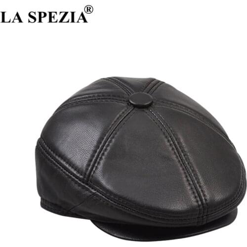 LA SPEZIA Real Leather Berets Man Black Casual Duckbill Hats Vintage Italian Luxury Genuine Leather Winter Warm Flat Caps