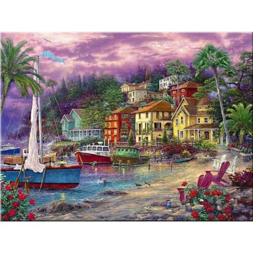 Seaside boat diamond mosaic embroidery landscape painting rhinestone wall sticker decor diamond drawing art needlework handcraft