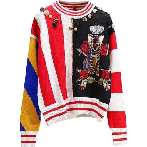 High Street Striped Oversized Sweaters For Women Ladies Pullover Animal Flower Embroidery Appliques Button Beads Clothes Tops