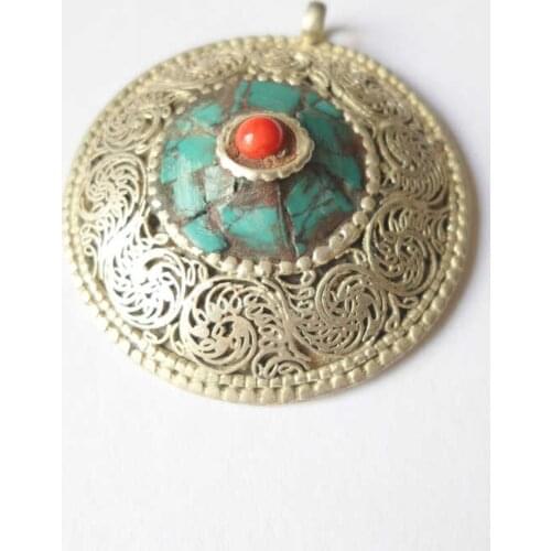 TBP494 Nepal Vintage Hand Jewelry Copper Inlay Stone Flower Pendants