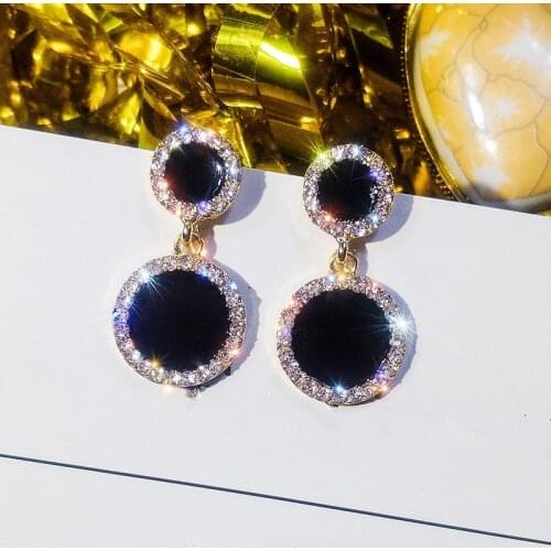 2021 Hot Sale Fine jewelry 925 silver needle black round earrings female Crystal from Swarovskis Temperament shiny Fit Women