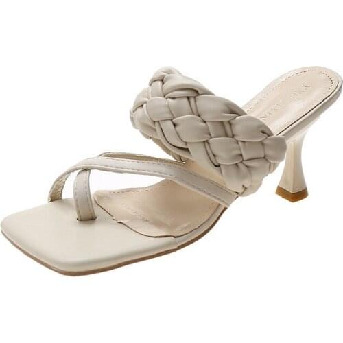 Women High Heels Stiletto New Weaving Flip Flops Open Toe Sandals 2021 Fashion Crossover Design Slippers Prom Women Shoes