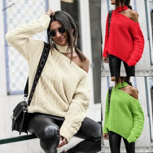 Women Sweater Halter Knitted Off Shoulder Fashion Top Female Fall Winter Soft Warm Wool Casual Loose Pullovers Jumpers