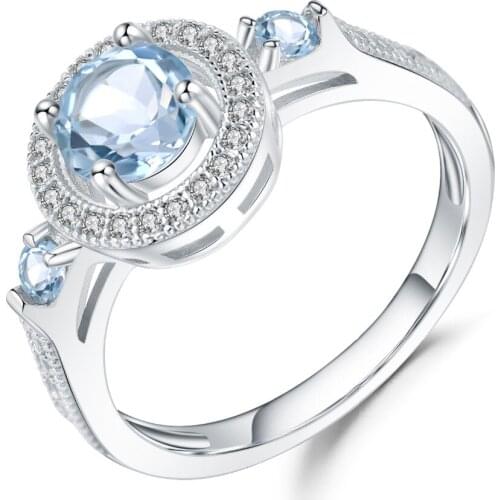 GEMS BALLET 100% 925 Sterling Silver Engagement Rings For Women 1.05Ct Natural Round Sky Blue Topaz Gemstone Ring Fine Jewelry