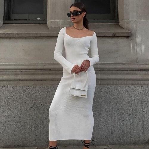 White Rabbit Hair Off Shoulder Bodycon Dress 2021 Autunmn Flare Sleeve Square Collar Sexy Midi Dress for Woman Party Vestidos