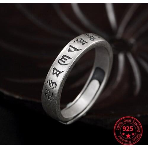 2021 Hot Sale 100% S990 Pure Silver Tibetan Six Words Mantra Good Luck Buddhist Character Joker Open Couple Ring Resizable