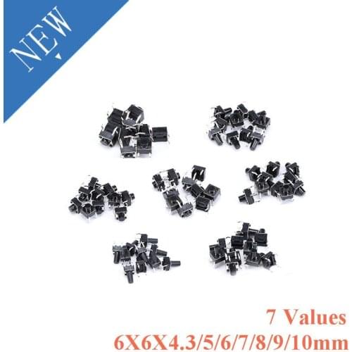 7 Values 70pcs 6X6x4.3/5/6/7/8/9/10mm Tact Switch Tactile Push Button Switch Kit Sets DIP 4P Micro Switch 6*6*4.3/5/6/7/8/9/10mm