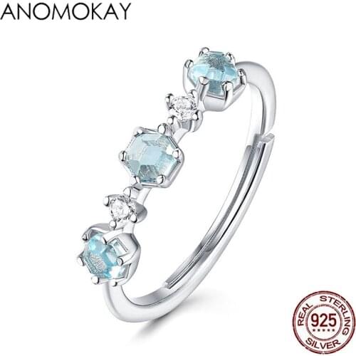 Anomokay 100% Sterling 925 Silver Resizable Rings for Women Lovers Birthday Gift Fine Blue CZ Flower S925 Silver Rings Jewelry