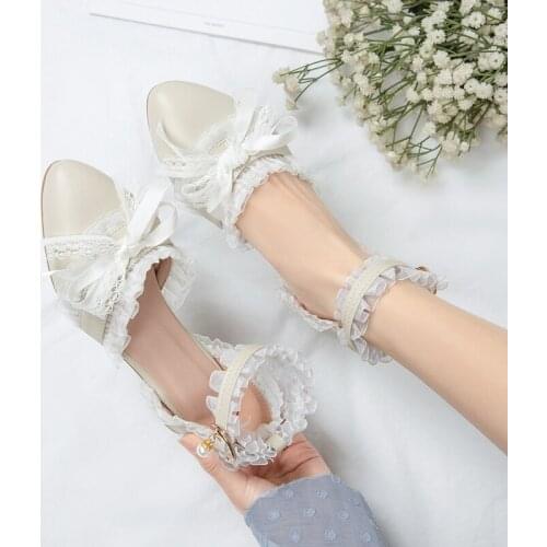 Summer Lolita Sandals Sweet Kawaii Girl Bowknot Pointed Toe Japanese Tea Party Shoes Lace Sling Back Vintage Low Heel Women Shoe
