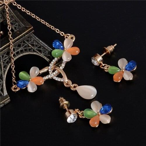 Brand Exquisite Opal Daisy Flower Jewelry Set For Women Crystal Rhinestone Pendant & Chain Necklace Dangle Earring 2pcs Set