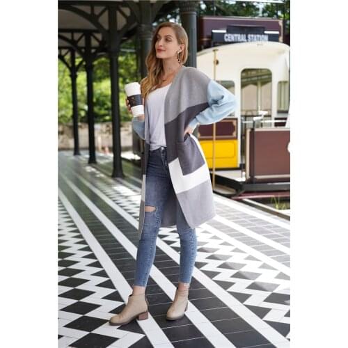 H80&S90 Hot New Women Long Cardigan Stiped Patchwork Loose Sweater Long Sleeve Casual Knit Sweater Kimono Duster Coats