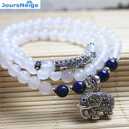 JoursNeige Natural White Crystal Bracelet Tibetan Silver Elephant Pendant Bracelets for Women Multilayer Jewelry