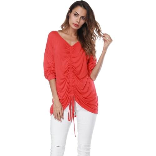 Europe and The United States Fashion Sexy Solid Color V-neck Loose Lace Up Long-sleeved Top Shirt T-shirt Tide ! Free Delivery
