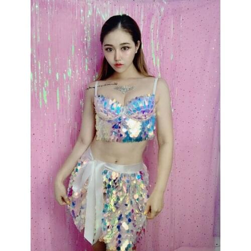 Fashion Sequins Stage Outfit Bar Skirt Women Singer Sexy 2-piece Set Costume Celebrate Outfit Evening Dance Stage Outfit