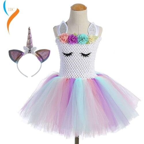 2019 New Fashion Children Girls Unicorn Dress Rainbow Party Dress Elegant Costume Kids Wedding Dresses For Girls With Headband