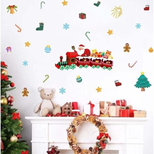 New Year Christmas Wall Stickers Living Room Childrens Room PVC Cartoon Graffiti Creative Train Santa Claus Snowflake Stickers