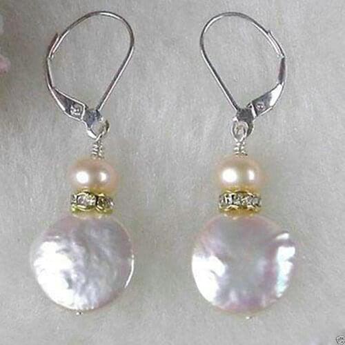 NEW Ladies Natural Beautiful 11-12mm WHITE Cultured Coin Pearl Earring 2Pair