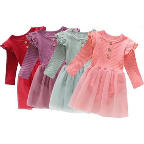 0-24M Toddler Kids Baby Girls Dress Spring Autumn Newborn Infant Ribbed Knitted Ruffles Long Sleeve Button Jumpsuits Tulle Dress
