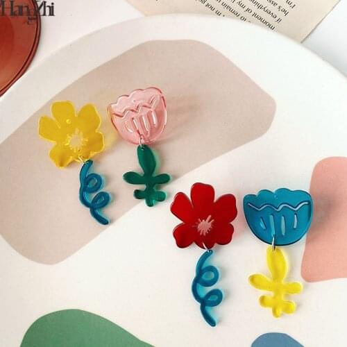 HangZhi 2020 New Korean Lovely Colorful Acrylic Resin Flower Tulip Transparent Single 1 Pcs Stud Earrings for Women Jewelry