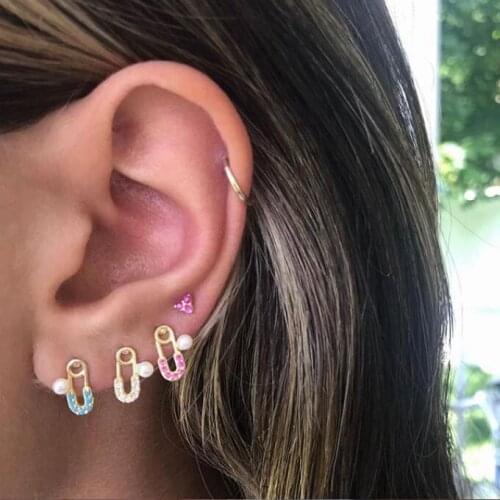 CUTE lovely tiny cz safety pin stud earring with fresh sea pearl for girl women gift colorful cz paved delicate minimal ear stud