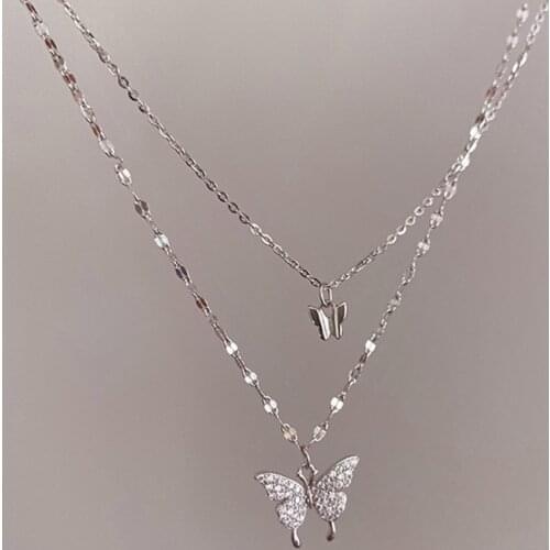 SIPENGJEL Fashion Cubic Zircon Buterfly Pendant Necklace Dainty Double Layer Clavice Chain Necklace For Women Jewelry Gifts