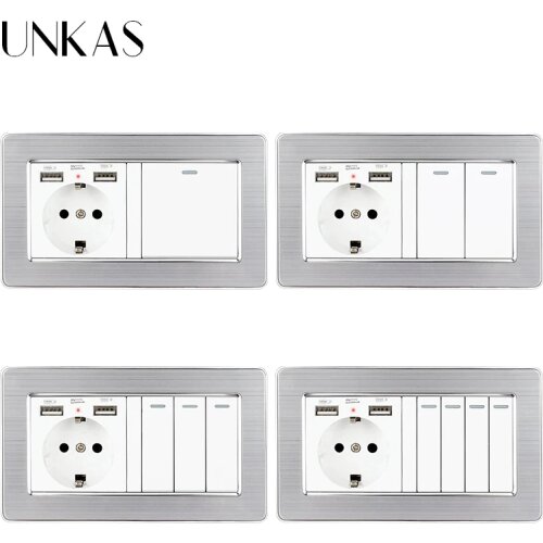 UNKAS EU Standard Wall Socket Dual USB Port + 1 2 3 4 Gang 1 / 2 Way On / Off Light Switch Stainless Steel Panel Outlet