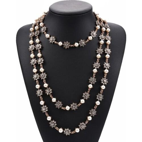Vintage Gold Color Layered Chain Simulated Pearl Statement Necklace Long Crystal Pendant Necklaces Elegant Wedding Jewelry