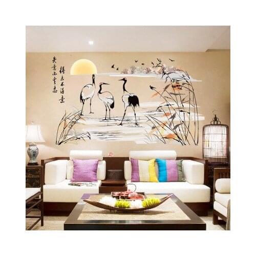 High Quality Carving Large 76*135cm Chinese Style Red-crowned Crane Home Decal Wall Sticker Reed Marshes Wall Decor 3D Wall Art