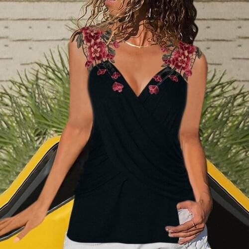 40#Rose Embroidery Blouse Women Lace Stitching Cross Sleeveless Tank Top Summer Plus Size Vintage Daily Pullover Shirt blusas