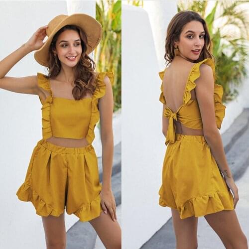 Summer Two Pieces Sets For Women Casual Square Collar Butterfly Sleeve Mini Sweet 2 Pcs Sets Backless Solid Tops and Pant