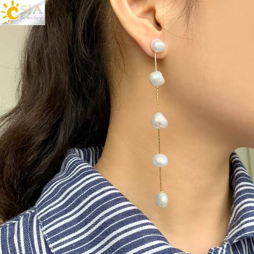 CSJA Natural Baroque Pearl Stud Earrings Irregular White Bead Gold Color Long Earring Women Statement Jewelry Wedding Party G555