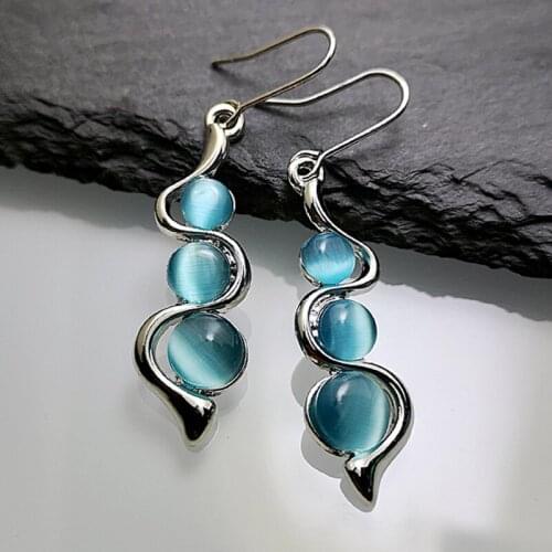 Fashion Beaded Earrings Resin Stone Blue Moonstone Dangle Long Jewelry Charm Silver Color Twist Hook Earring For Women A5D408