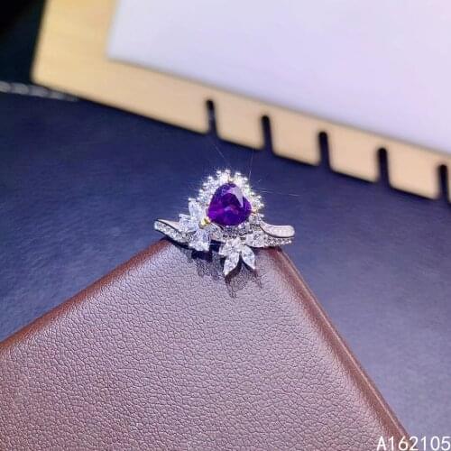 925 Pure Silver Chinese Style Natural Amethyst Womens Luxury Trendy Fresh Heart Adjustable Gem Ring Fine Jewelry Support Detect