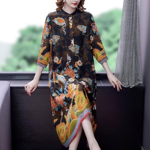 Spring Summer Vintage Loose Floral Mulberry Silk Dress 2021 4XL Plus Size Chiffon Midi Dress Women Elegant Bodycon Party Vestido