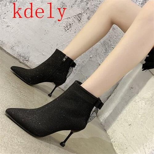 2020 Hot 9 Cm Super High Heel Sequin Ankle Boots Women Plush Sexy Pointed Toe Boots Women Plush Lining Stiletto Heel Short Boots