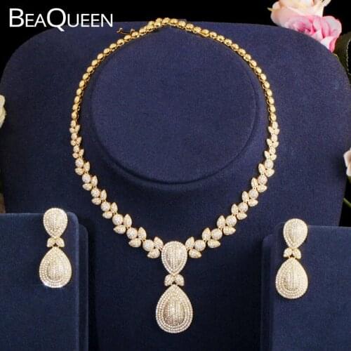 BeaQueen Nigerian African Gold Color Micro Pave Cubic Zirconia Stone Bridal Wedding Costume Earrings Necklace Jewelry Sets JS096