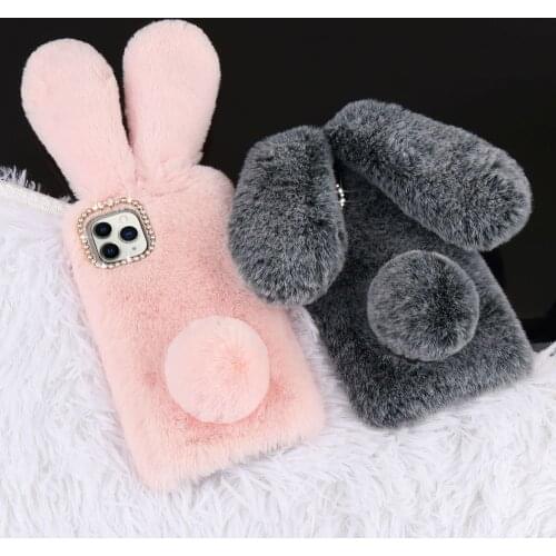 Women Soft Rabbit Fluffy Fur Case for iPhone 11 Pro Max Xr X Xs Max 6S 6 7 8 Plus 5 5S SE 2020 12 Mini Glitter Bling Phone Cover