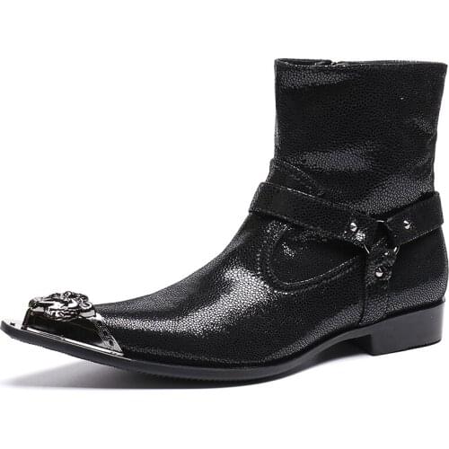 Christia Bella Buckle Solid Men Shoes Genuine Leather Boots New Fashion Metal Pointed Toe Boots Large Size Zipper Short Boots