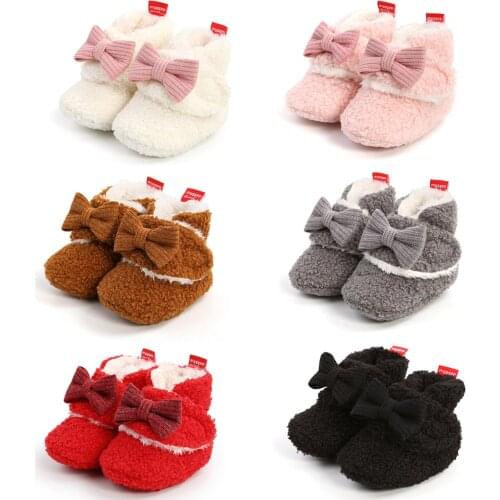 Infant Baby Boots Flat Shoes with Decorative Bow Knot Solid Color High-top Soft Sole Winter Warm Shoes for Baby Girls 0-18Months