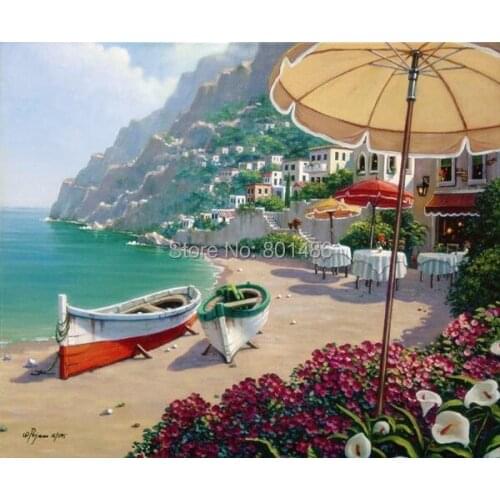 Realistic Printed Canvas Painting Seascape Beach Boat Seascape Scenery Wall Art Painting On Canvas