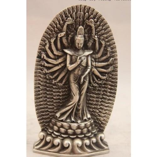 China Copper Silver Avalokitesvara Thousand-hand Bodhisattva Guanyin Statue