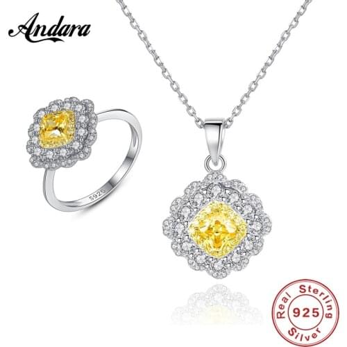 Luxury Wedding Jewelry Set 925 Sterling Silver Yellow Geometric Gem Necklace Rings Set For Woman Jewelry Gifts