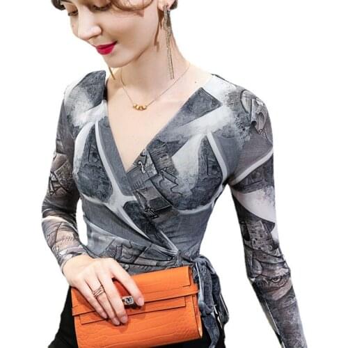 T Shirt For Man Cross-strap Printed Jacket 2021 New Mesh Bottoming Shirt European Goods Small Shirt Female Long Sleeve