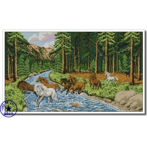 Top Quality beautiful lovely counted cross stitch kit horses cross the river in forest Rogoblen