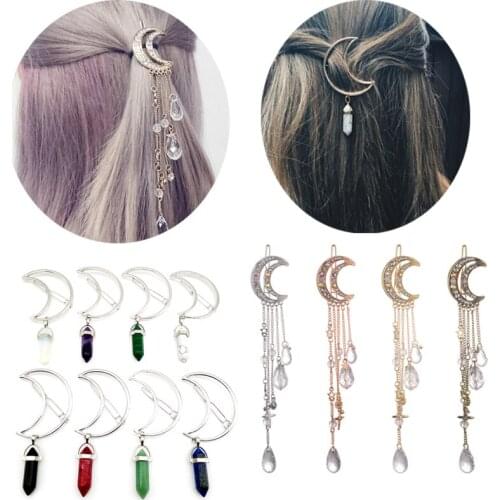 Charming Crystal Moon Hair Clip Tassels Long Hair Accessories Femme Bijoux