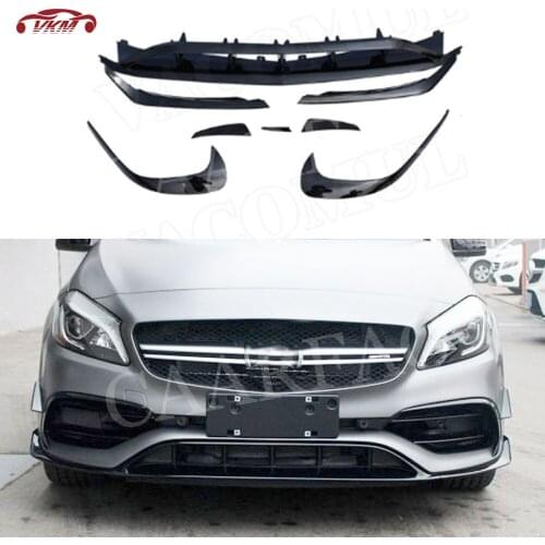 Carbon Fiber Material Front Lip Splitters Canards For Benz A Class W176 A45 AMG 2016-2019 ABS Black Head Bumper Decoration