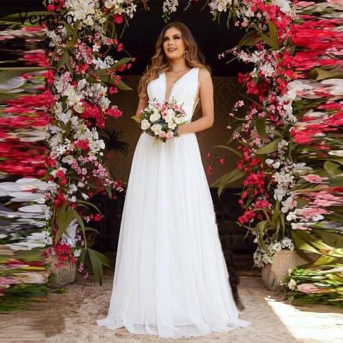 Verngo 2021 Simple Polka Dotted Tulle A Line Wedding Dress For Bride V Neck Floor Length Modest Plus Size Wedding Bridal Gowns